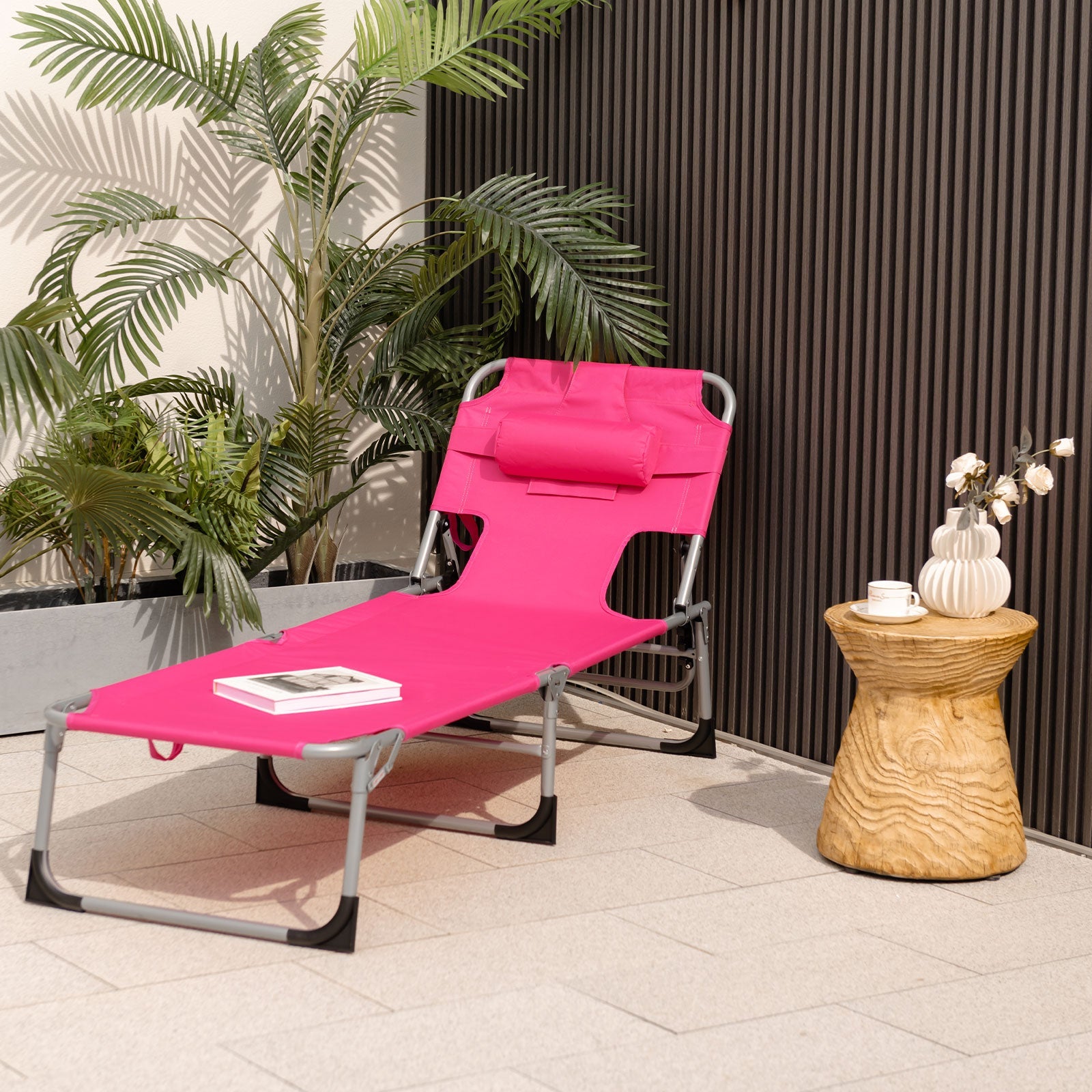 Folding Beach Lounge Chair with Pillow for Outdoor-Pink